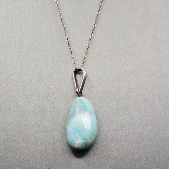 VTG Sterling Silver Larimar Pendant Necklace 18" Teardrop Signed F 6.79g - Picture 2 of 15